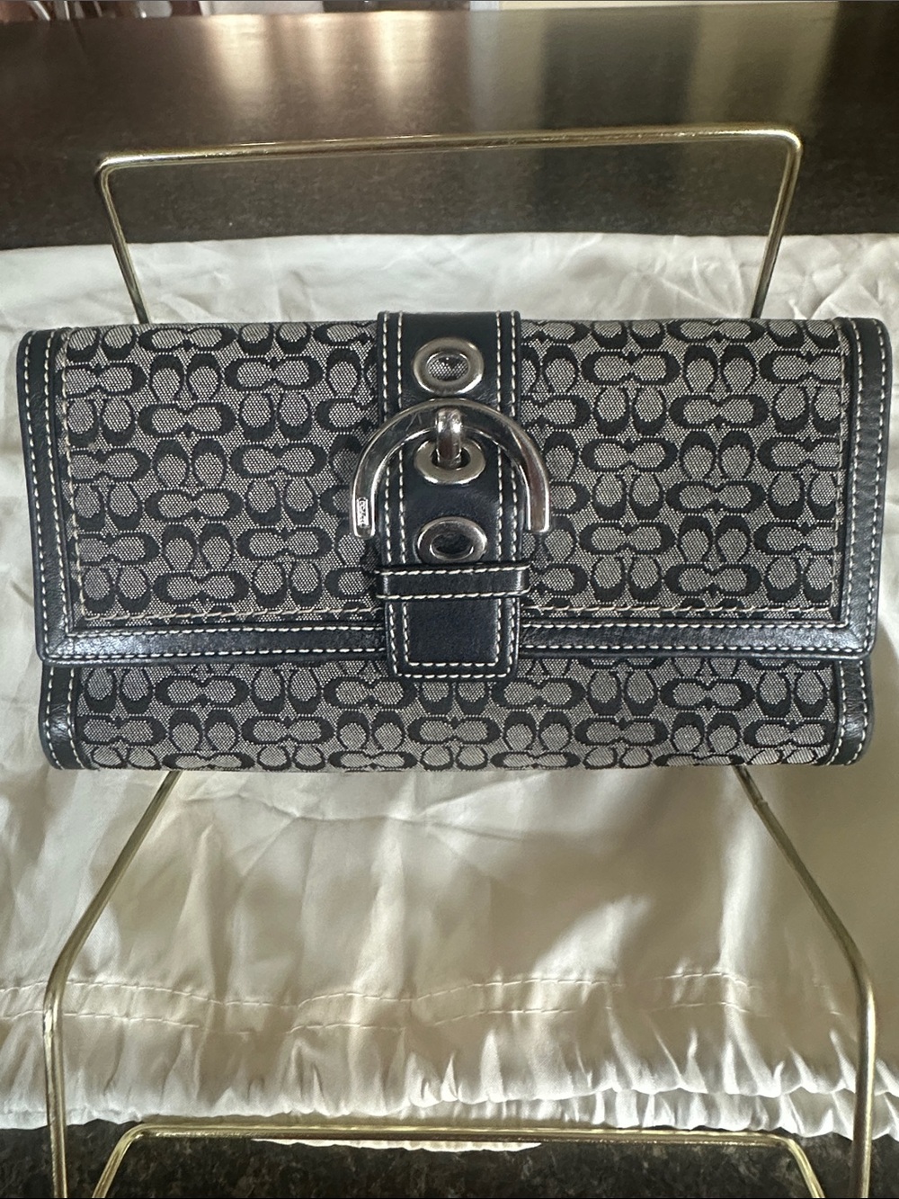 Coach Gray and Black Signature Micro C Wallet w/Leather Trim and Polished Buckle